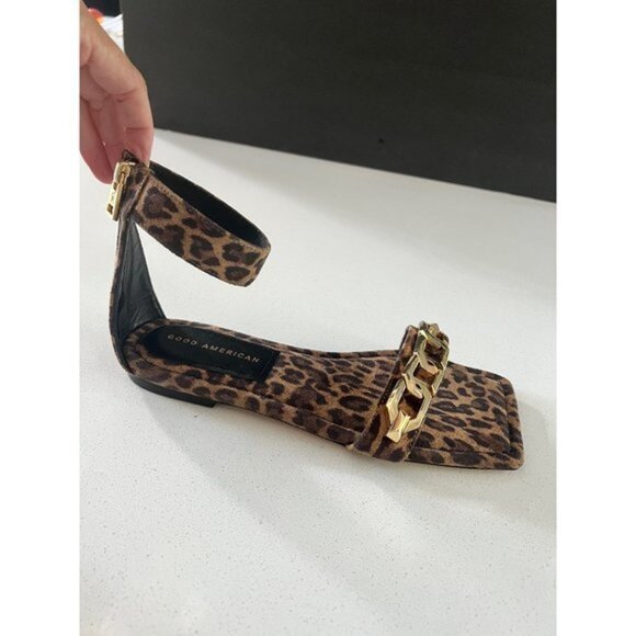 GOOD AMERICAN Ankle Strap Chain Leopard Print square toe sandals size 8 - Picture 9 of 10